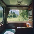 The interior of a large caravan auto trailer, outside the window sees a beautiful natural landscape