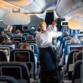 Interior of large commercial airplane with stewardesses serving passengers on seats during flight. Royalty Free Stock Photo