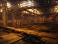 The interior of a large derelict deserted old factory with light from the broken windows reflected on the wooden floor. Royalty Free Stock Photo