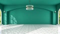 Interior of large empty hall room with green empty arch wall and tile floor, 3d rendering