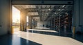 Empty Warehouse Interior with Open Loading Bay Doors and Sunlight Streaming In storage logistics Royalty Free Stock Photo