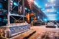 Interior of large foundry steel workshop with cast iron products, heavy metallurgy industry