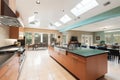 The interior of a large modern bright kitchen with a high ceiling and panoramic windows Royalty Free Stock Photo