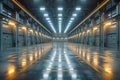 The interior of a large, modern warehouse with bright lights and large doors Royalty Free Stock Photo
