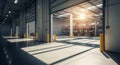 Interior of a Modern Warehouse with Open Loading Bay Doors and Sunlight Streaming In industrial logistics Royalty Free Stock Photo