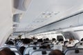 Interior of large passengers airplane with people on seats ready