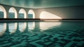 Interior of a large swimming pool with clear turquoise water, tiled floor, and a view over the mountains. Generative AI