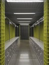 Interior of a large, very modern public wardrobe all in iron grids, the colour is neutral and green. It feels like being