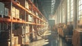Interior of a large warehouse with rows of shelves filled with cardboard boxes. Royalty Free Stock Photo