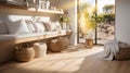 Interior Laundry room with pillow on shelf and laundry basket on wood floor with morning light shining through window at home, Royalty Free Stock Photo