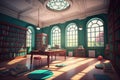 Interior of library with bookcases, table and big windows created using generative ai technology Royalty Free Stock Photo
