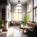 Interior of library with bookcases, tables and big windows created using generative ai technology Royalty Free Stock Photo