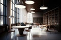 Interior of library with bookcases, tables and big windows created using generative ai technology Royalty Free Stock Photo