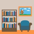 Interior of Library Room. Place for Reading. Room with Bookcase, Armchair and Picture with Landscape.