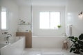 Interior of light bathroom with blank frames