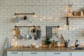 Interior light kitchen with christmas decor and tree Royalty Free Stock Photo