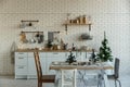 Interior light kitchen with christmas decor and tree Royalty Free Stock Photo