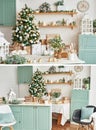 Interior light kitchen with christmas decor and tree. Collage photos of  turquoise-colored kitchen in classic style. Christmas in Royalty Free Stock Photo