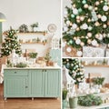 Interior light kitchen with christmas decor and tree. Collage photos of turquoise-colored kitchen in classic style. Christmas in