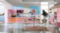 Interior of light kitchen with coral furniture and utensils Royalty Free Stock Photo
