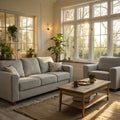 Interior of light living room with cozy grey sofas Royalty Free Stock Photo