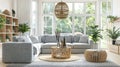 Interior of light living room with grey sofas Royalty Free Stock Photo
