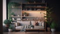 Interior of light living room with sofa, shelving units and artificial plants. Generative AI Royalty Free Stock Photo