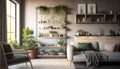 Interior of light living room with sofa, shelving units and artificial plants. Generative AI Royalty Free Stock Photo