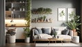 Interior of light living room with sofa, shelving units and artificial plants. Generative AI Royalty Free Stock Photo