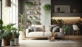 Interior of light living room with sofa, shelving units and artificial plants. Generative AI Royalty Free Stock Photo