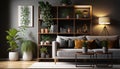 Interior of light living room with sofa, shelving units and artificial plants. Generative AI Royalty Free Stock Photo