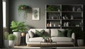 Interior of light living room with sofa, shelving units and artificial plants. Generative AI Royalty Free Stock Photo
