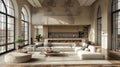 Interior of light living room with white sofas, coffee table and large window