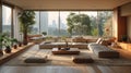 Interior of light living room with white sofas, coffee table and large window