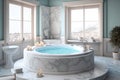 Interior Of A Light Marble Bathroom With A Round Jacuzz. Generative AI