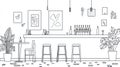 Bar Line Art, Modern Interior Sketch with Counter, Stools Royalty Free Stock Photo