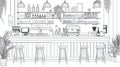 Cafe Bar Outline Empty Stools, Coffee Machine, Drinks Shelves Royalty Free Stock Photo
