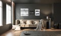 Interior living room, black modern style, with brown loose sofa, on hardwood floor, studio mock-up, 3D rendering, 3D illustration