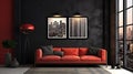 Interior of the living room in black tones with a red sofa, lamp. Decorated with wall pictures and plants, black walls, modern Royalty Free Stock Photo