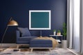Interior of living room with blue sofa and blank picture frame. 3D rendering, Mockup poster frame in a modern living room wall, AI Royalty Free Stock Photo