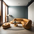 Interior of living room with brown leather sofa and round coffee table. generative ai Royalty Free Stock Photo