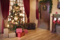 Interior living room with a Christmas tree