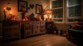 Interior of living room decorated for Halloween with door and chest of drawers, generative ai