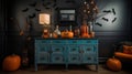 Interior of living room decorated for Halloween with sofa and chest of drawers, generated ai