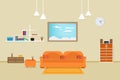 Interior living room design relax with sofa orange and bookshelf window in wall background. illustration