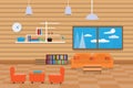 Interior living room design relax with sofa orange and bookshelf, window in wood wall With floor tile background. vector illustrat Royalty Free Stock Photo