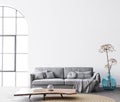 Interior living room design with simple white background mock up. Modern grey sofa with cushions and plaid on. Royalty Free Stock Photo