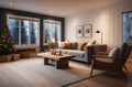 Interior of living room filled with gentle shades and natural materials, creating the perfect hygge space in winter time Royalty Free Stock Photo
