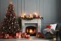 Interior of living room with fireplace, presents and Christmas tree Royalty Free Stock Photo