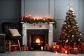 Interior of living room with fireplace, presents and Christmas tree Royalty Free Stock Photo